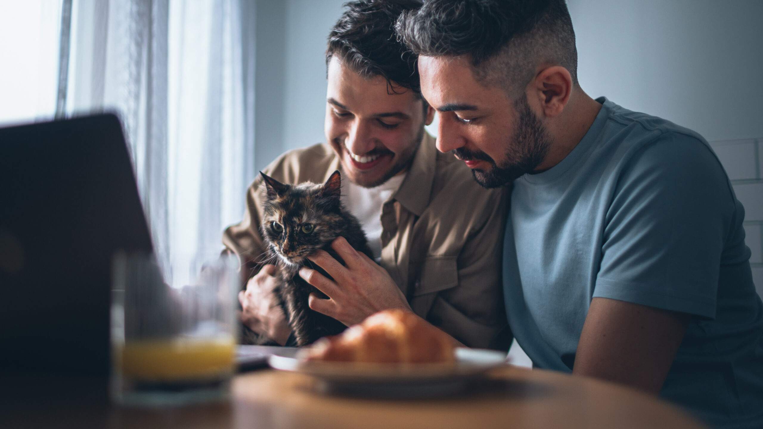 Insurance mortgage adviser Happy Gay Couple in Love Having Healthy Breakfast and Playing wi